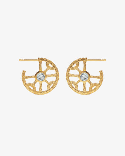 Sun Wheel earrings in hand-textured gold vermeil set with sky blue topaz and granulation