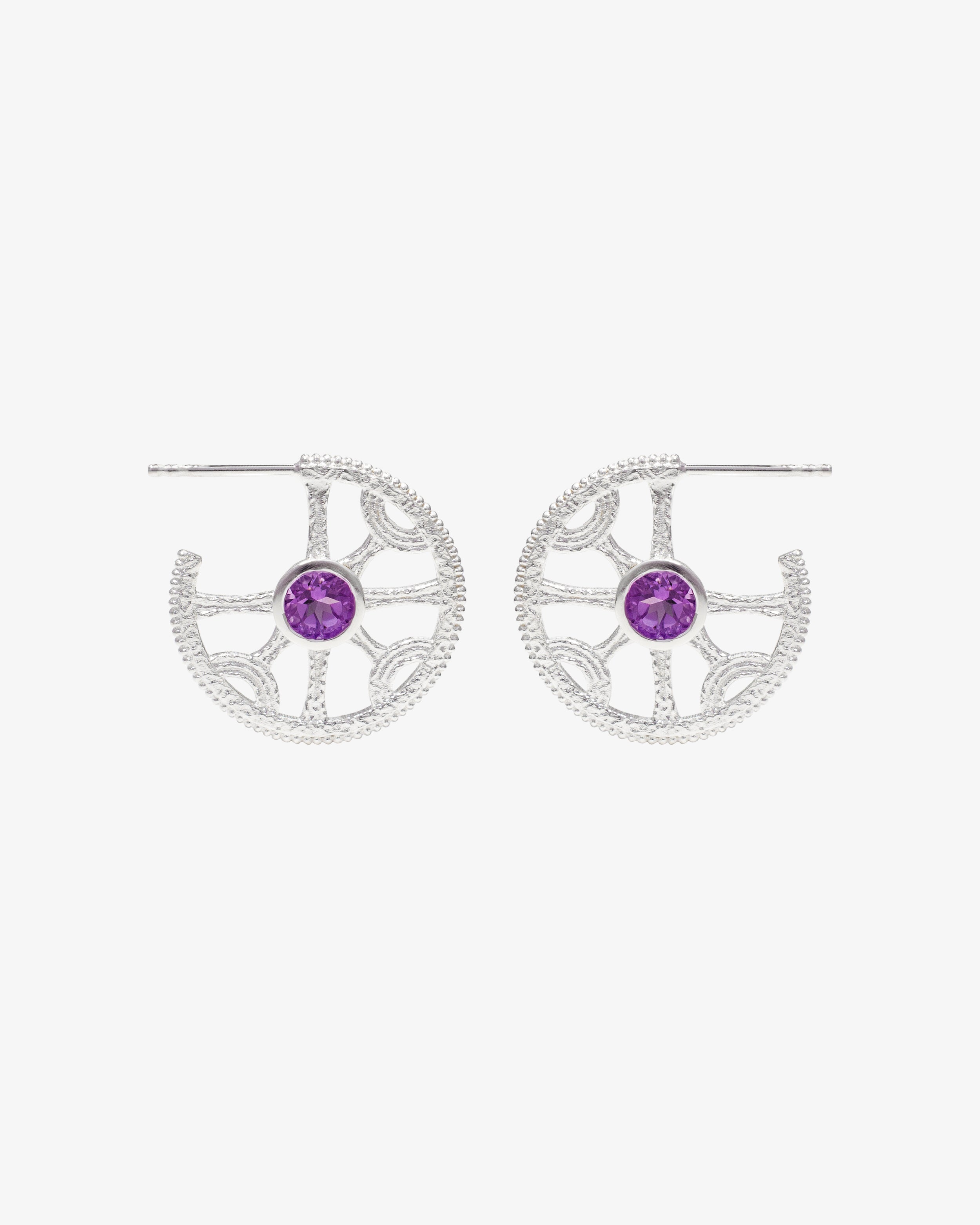 Sun Wheel earrings in hand-textured sterling silver set with amethyst and granulation