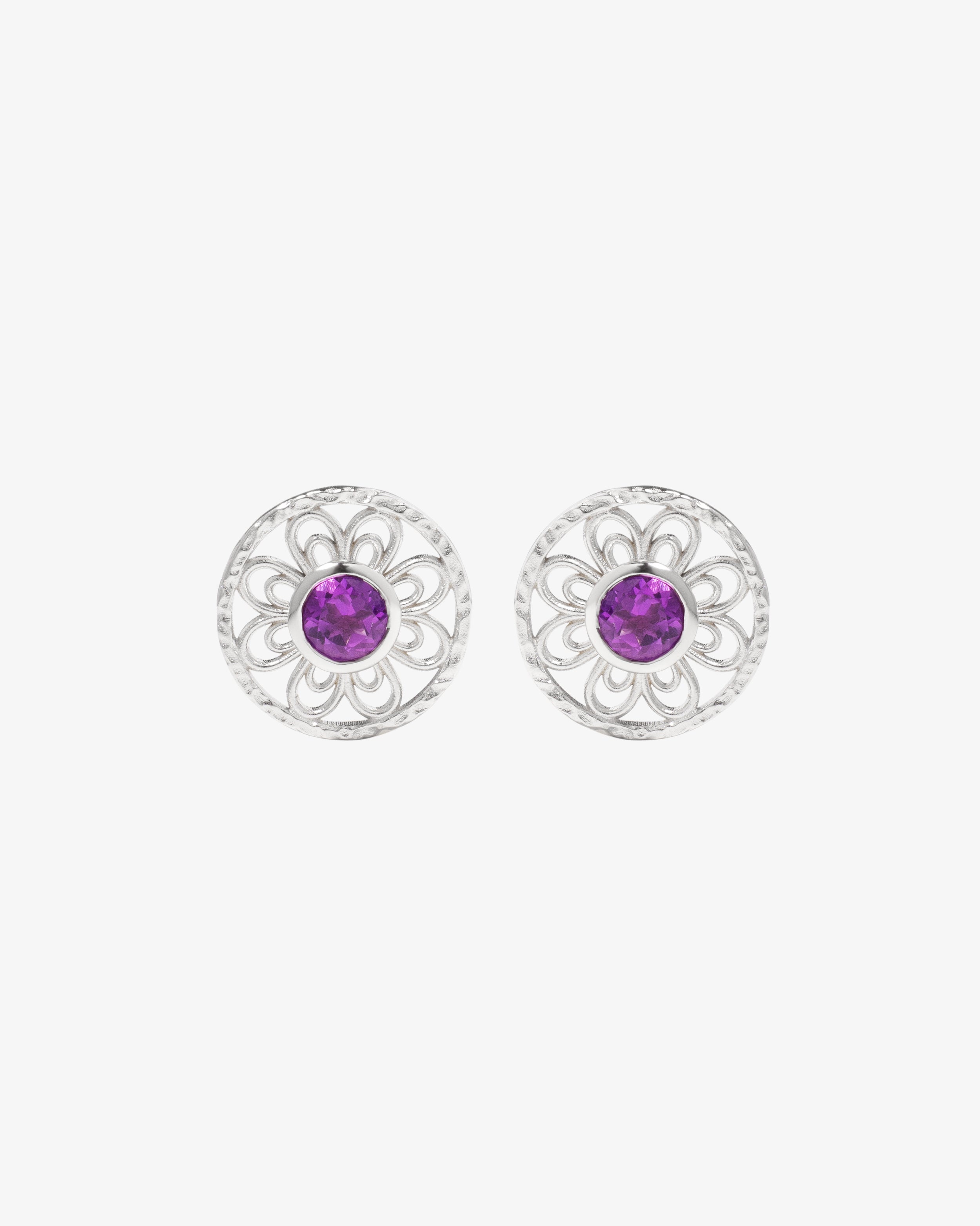 Amethyst Clover earrings in sterling silver, openwork clover scroll in a hand-textured disc with amethyst
