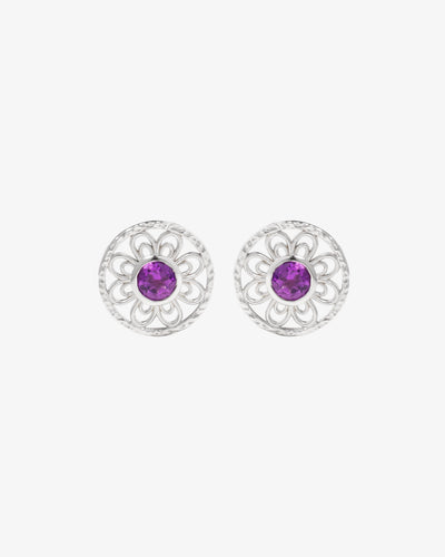 Amethyst Clover earrings in sterling silver, openwork clover scroll in a hand-textured disc with amethyst