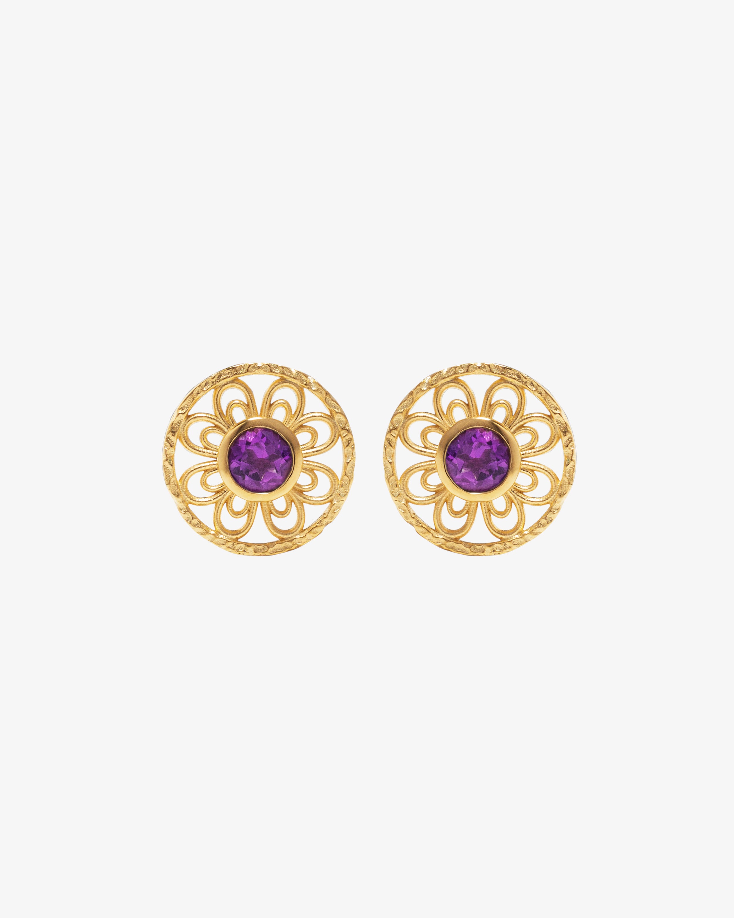 Amethyst Clover earrings in gold vermeil, openwork clover scroll in a hand-textured disc with amethyst