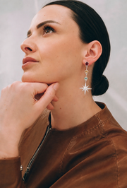Northern Star drop earrings in sterling silver, set with rhodolite, citrine and green apatite ending in a hand-finished eight-pointed star