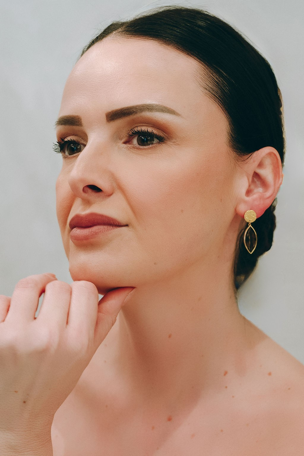 Marquise Drop earrings in gold vermeil, marquise-cut natural smoky quartz in warm grey and charcoal tones