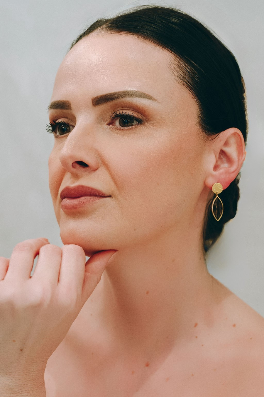 Marquise Drop earrings in gold vermeil, marquise-cut natural smoky quartz in warm grey and charcoal tones